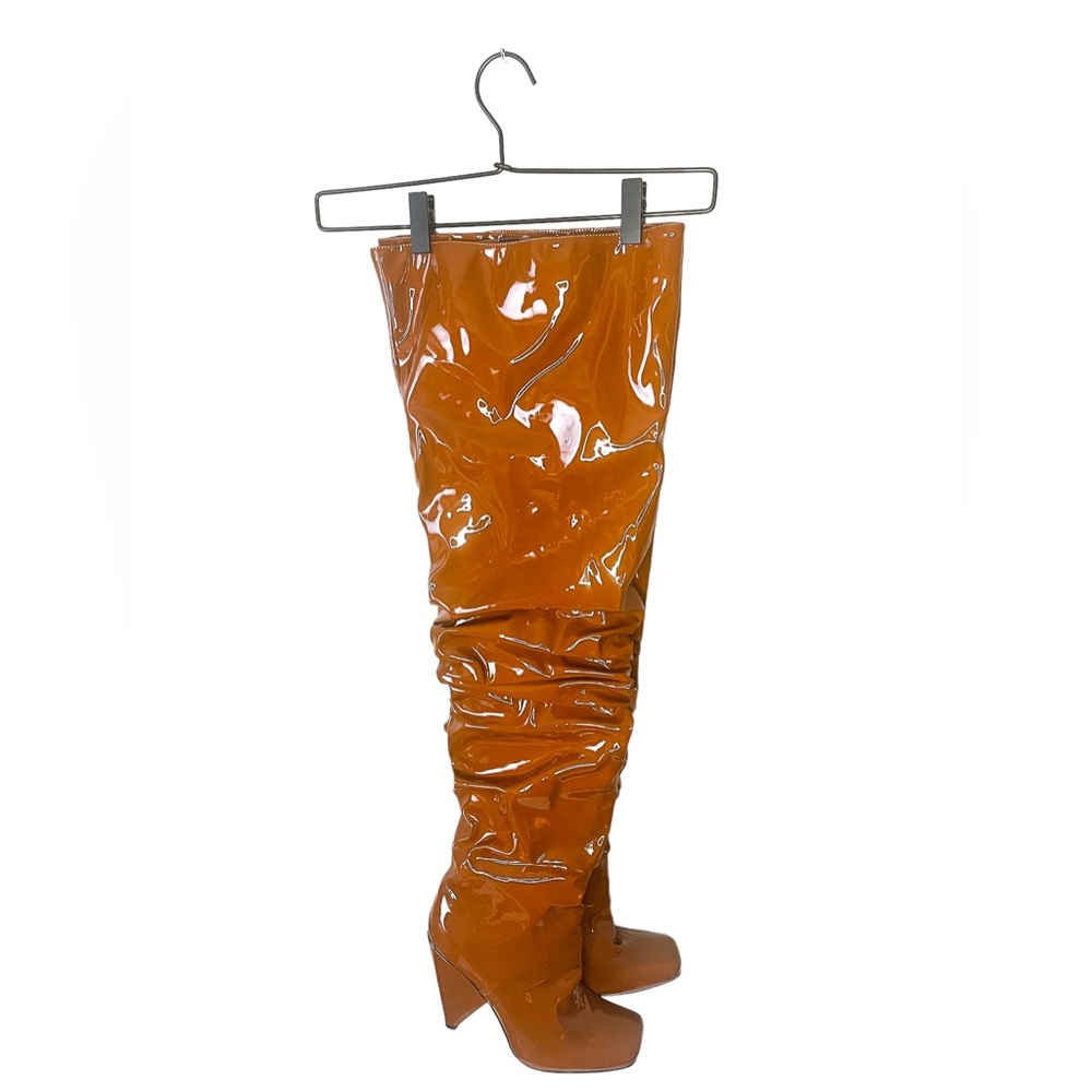 New✨Camel colored patent leather B’LANCHÉ DE PARIS square toe over the knee boot